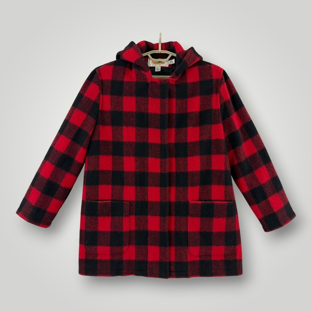 Talbots Wool Hooded Parka Womens L Red Black Buffalo Plaid‎ USA Made